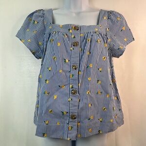 J.‎ Crew Blue Striped Lemon Print Square Neck Puff Sleeve Button Front Top S